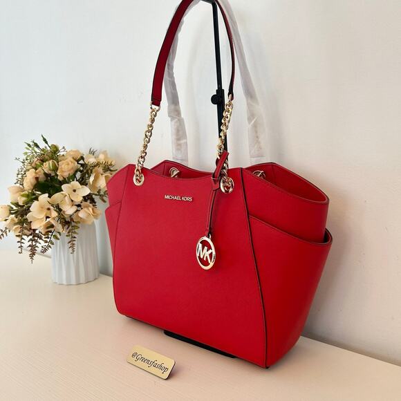 Michael Kors Purse jet set travel large chain tote shoulder bag bright red - Picture 2 of 9